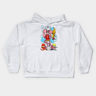 Vector hand drawn sketch illustration of  A cute monster and a friends  stood on a cloud with wings flying. Kids Hoodie